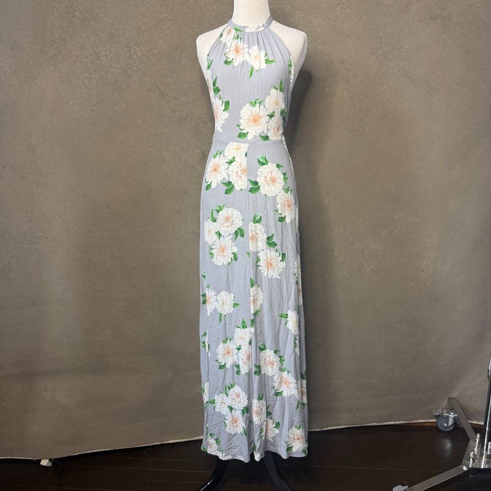 ASOS Gray Floral Halter Maxi Dress Size US 2 Open Back Tie Neck 100% Viscose